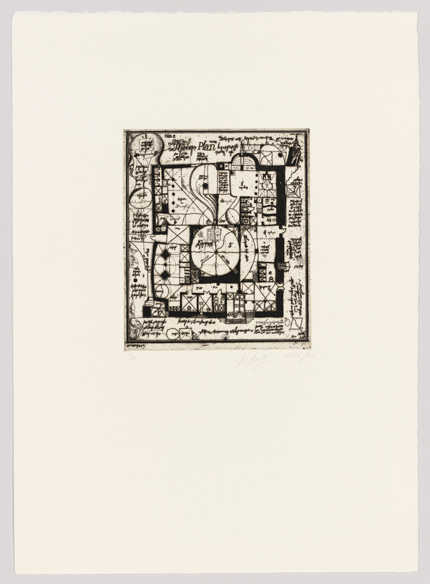 A black and white etching featuring an intricate, abstract design with various geometric shapes, symbols, and text elements, resembling a complex architectural plan or map. The artwork is centered on a white background with a signature and edition number at the bottom.