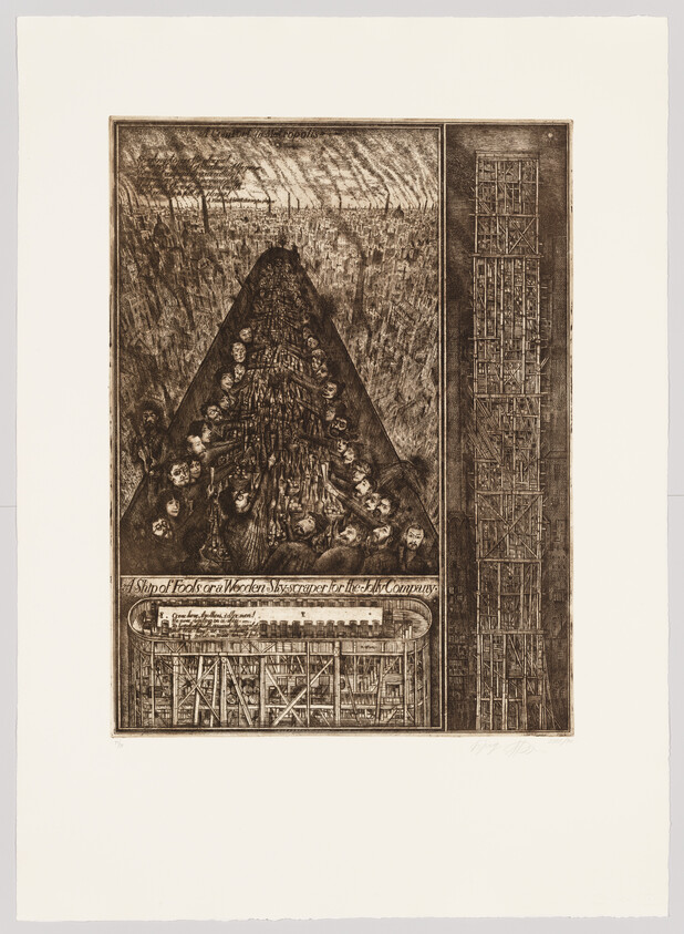 Dense triangular crowd of faces funnels toward the top above wooden scaffolding and a tall scaffold.