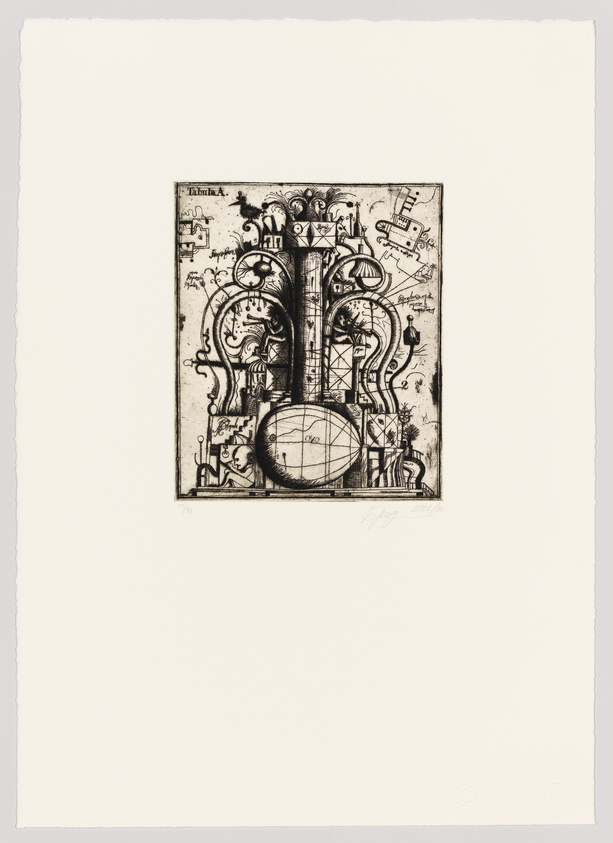 An intricate black and white etching featuring a complex arrangement of mechanical and architectural elements with a central circular diagram, possibly representing a scientific or astronomical instrument, surrounded by various gears, pipes, and towers. The artwork has a vintage or historical appearance, reminiscent of Leonardo da Vinci's sketches, and is centered on a piece of paper with rough edges, suggesting an individual print. There are handwritten notations and symbols around the border of the image, and the bottom left corner shows a fraction, possibly indicating the print number in a series, while the bottom right corner contains a signature.