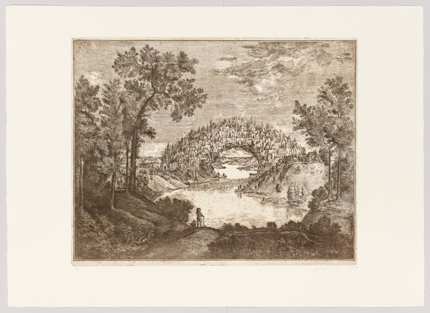 An etching depicting a panoramic landscape with a densely packed city built around the curves of a river. Trees frame the scene on the left, and a figure is seen in the foreground on a path, looking towards the city. The sky is filled with detailed clouds, and the artwork has a border indicating it is on paper.