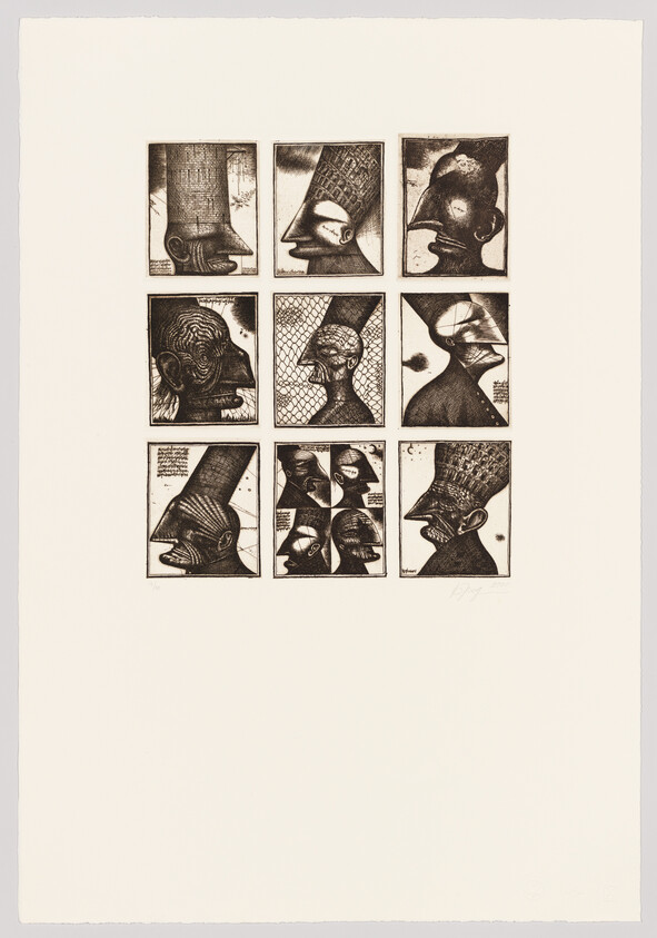 A print featuring a grid of nine abstract etchings, each depicting a distorted or surreal human face or head, with various textures and patterns. The artwork is monochromatic and each etching is framed within its own square, arranged in three rows of three on a white background. The artist's signature and edition number appear at the bottom.