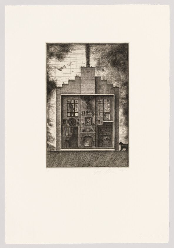 An etching depicting a cross-section of a building with detailed interior rooms visible. Smoke rises from a chimney on the roof, and a cat is seen at the bottom right corner near the building's exterior wall. The artwork is signed and numbered by the artist at the bottom.