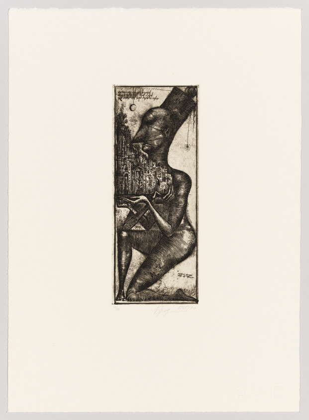 An etching of a stylized, elongated figure with abstract and architectural elements within its form, set against a plain background. The figure appears to be holding a geometric shape, and the overall composition has a dreamlike, surreal quality.