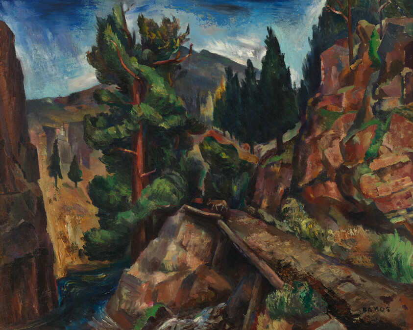 A narrow path runs through a rocky canyon with tall pine trees and a mountain in the background.