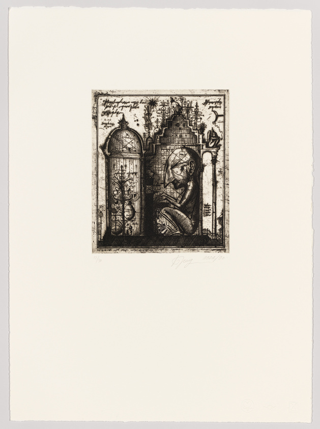 An intricate black and white etching featuring a contemplative figure seated next to a birdcage, with a backdrop of fantastical architecture and palm trees. The artwork has a dreamlike quality, with dense patterns and symbols throughout, and is numbered and signed by the artist at the bottom.