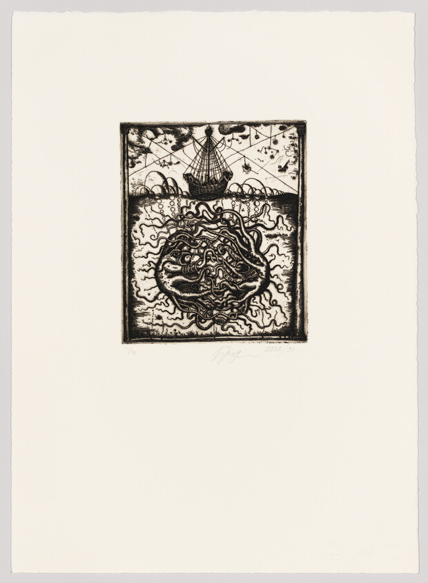 A sailing ship floats above a tangled sea creature with many twisting tentacles below.