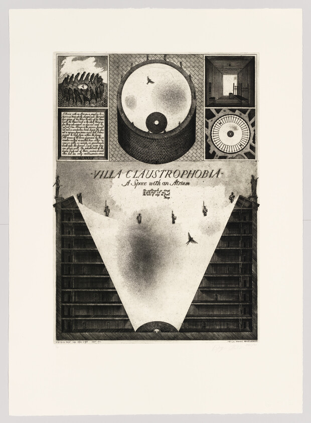 Architectural etching titled "Villa Claustrophobia" showing a narrow atrium between tall flanking buildings.