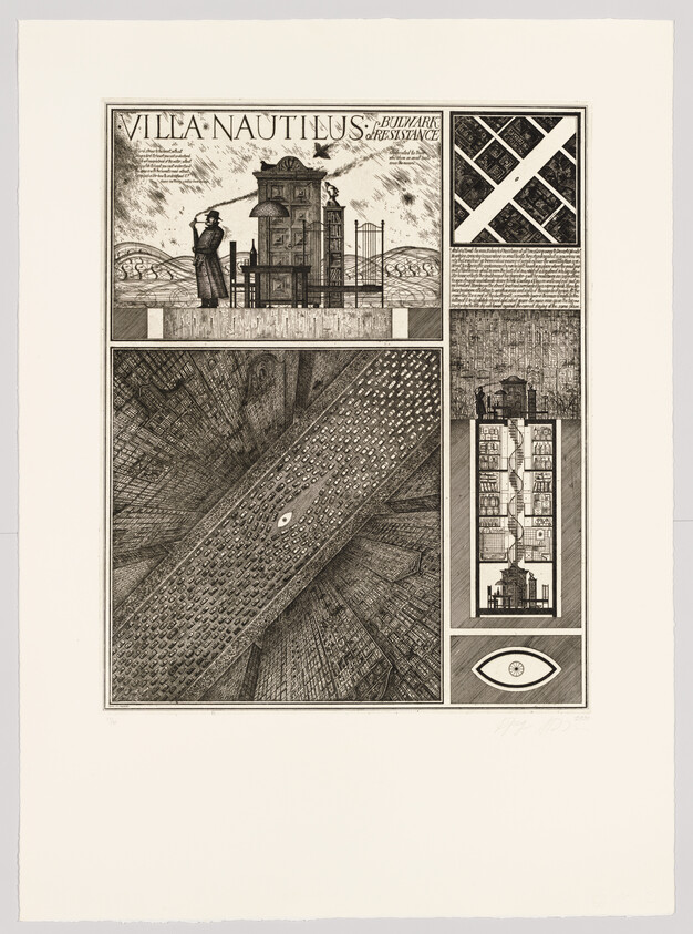 This is an intricate black and white etching divided into several panels, featuring architectural and mechanical designs. The top left panel shows a figure in a long coat and hat looking out over a balcony at a complex structure labeled "VILLA NAUTILUS." The top right panel contains a cross-hatched design with text. Below, a large central panel depicts a steep, tunnel-like space filled with mechanical details and a small figure descending a ladder. To the right, a vertical panel shows a cutaway view of a multi-level structure with various rooms and machinery. At the bottom, a small panel contains an eye within an oval frame. The artwork has a detailed, technical drawing style, reminiscent of blueprints or engineering sketches.