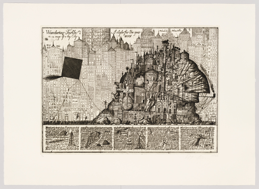 Detailed black and white etching depicting a dense, fantastical cityscape with a variety of architectural styles, overlaid with a large, shadowy turtle shell. The top of the image includes text that reads "Wandering Turtle," "A style for the year 2001," and "Students in Studio Arch." Below the cityscape is a border featuring smaller sketches of various objects and figures, including a leaf, a key, and human silhouettes. The artwork is signed at the bottom right.