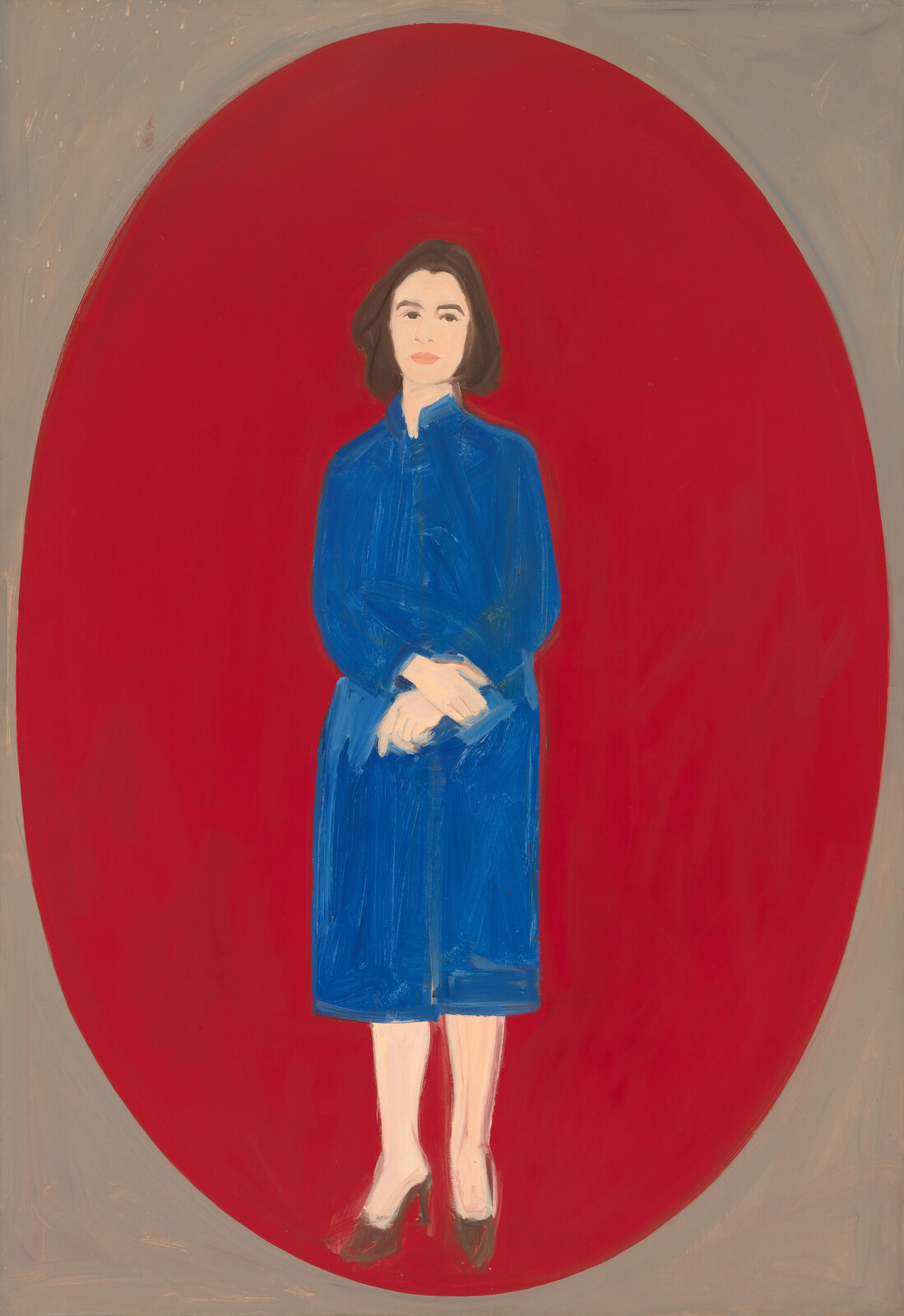 A woman stands with clasped hands wearing a blue dress against a large red oval background.