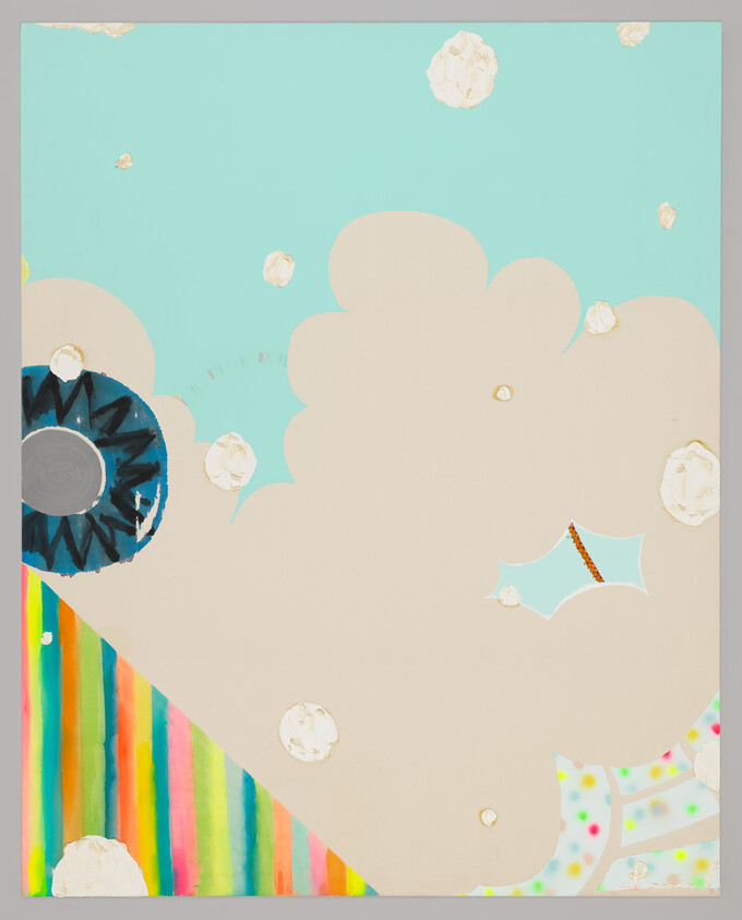 Large beige cloud-like shape fills center on turquoise background with rainbow striped corner and dark circle.