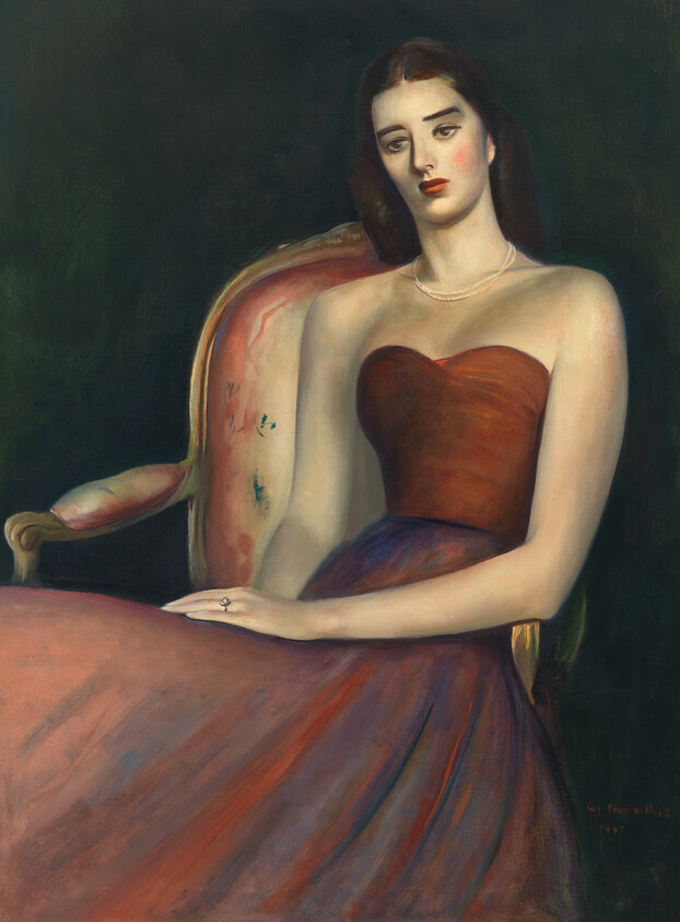 A painting of a woman seated in a red armchair, wearing a strapless brown dress. She has dark hair, pale skin, and a solemn expression. Her arms rest on the chair, and she wears a simple necklace. The background is dark, highlighting her figure. The artist's signature and the year 1947 are visible in the lower right corner.