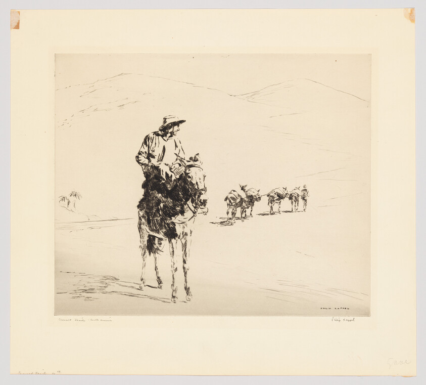 A lone rider on a donkey leads a small line of pack animals across a barren landscape.