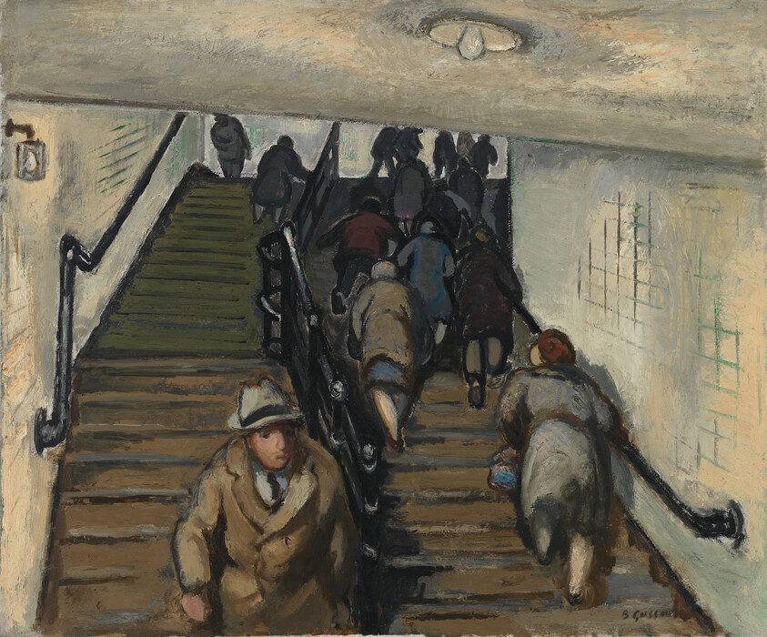 Commuters bundled in coats climb a crowded underground stairway, ascending toward the light.