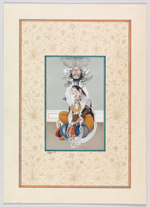 Seated woman in traditional dress arranging colorful pottery while an upside-down face hovers above.