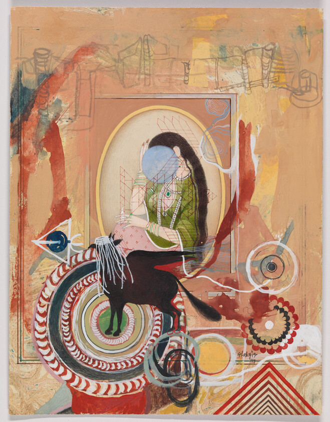 Seated woman with obscured face in a frame and a black cat walking across colorful circular patterns.