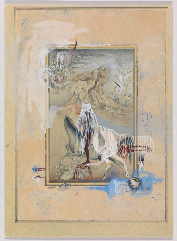 A horse-like figure with dripped white paint overlays in a surreal desert landscape.