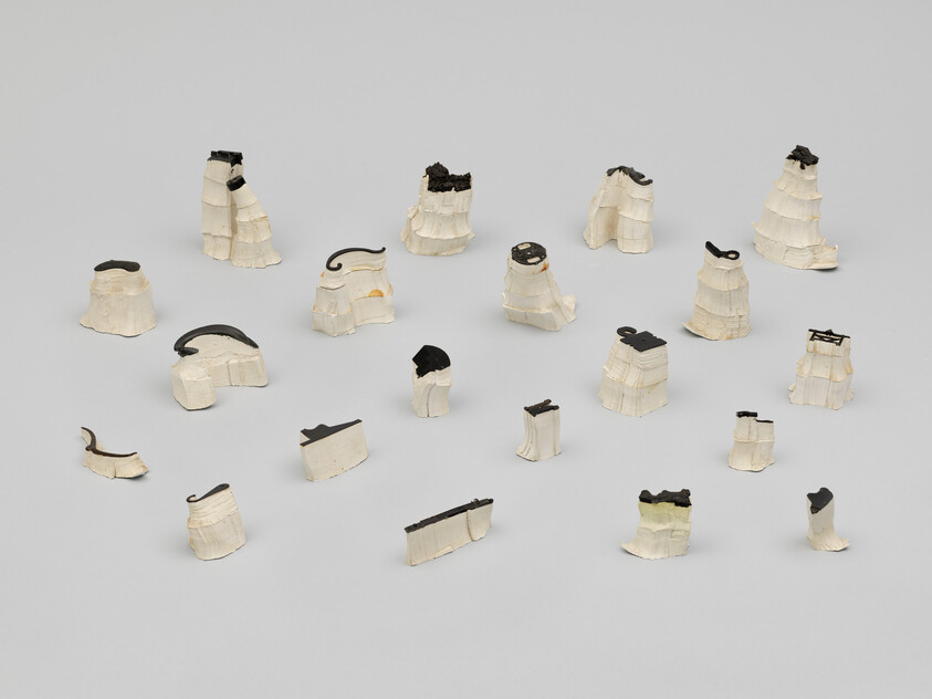 Small torn white paper scraps with black edges arranged in scattered rows on a light surface.