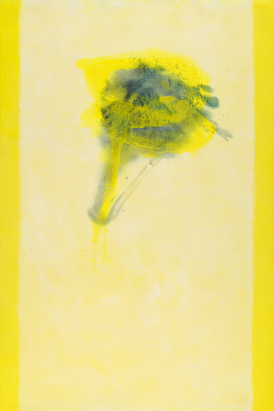 Soft yellow background with a green-blue organic blotch and subtle vertical borders.