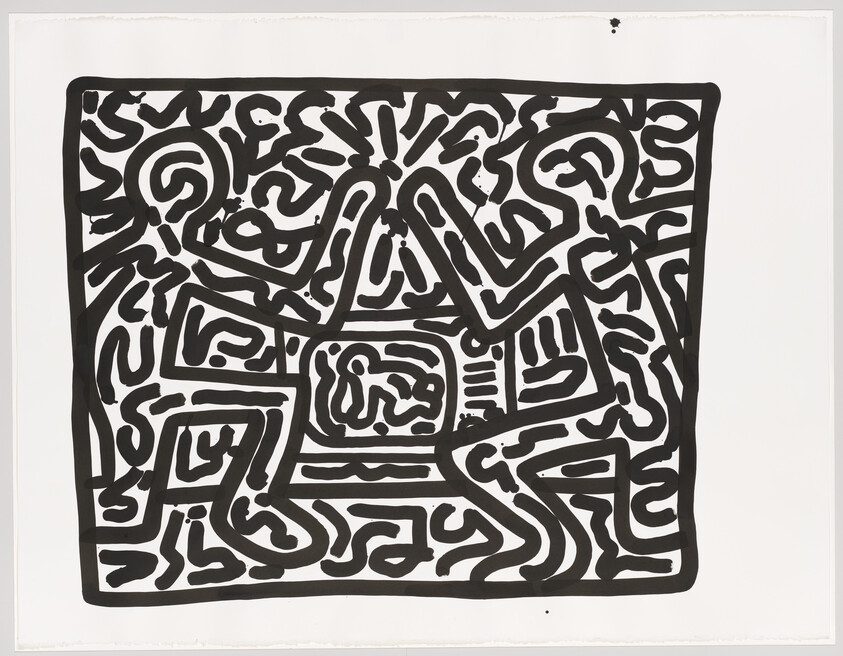 A black and white abstract artwork featuring a dense, maze-like arrangement of interlocking lines and shapes on a white background. The composition is centralized and fills most of the space, leaving a white border around the edges. The style is reminiscent of graffiti or spontaneous line drawings.