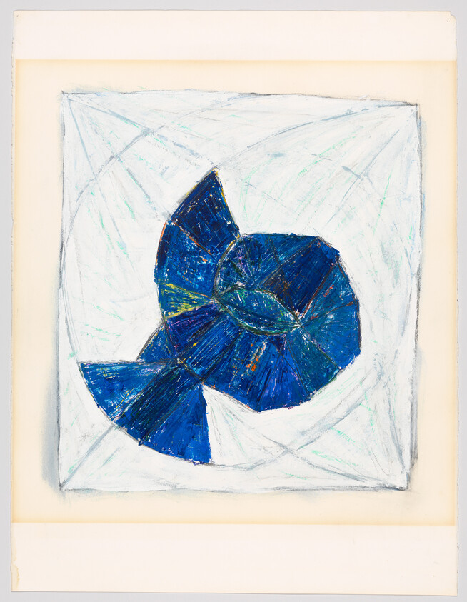 A vibrant abstract drawing featuring a central blue circular form with pie-like segments on a white background with light blue scribbles and a cream-colored border.