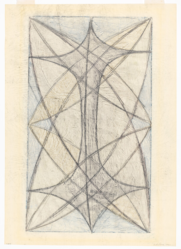 A vertical abstract drawing featuring a geometric web-like structure with intersecting lines creating a diamond and triangular shapes within a rectangular frame. The artwork is rendered in soft pencil or charcoal with subtle shading, giving it a textured appearance on a cream-colored paper. The artist's signature and the year 1977 are visible at the bottom right corner.