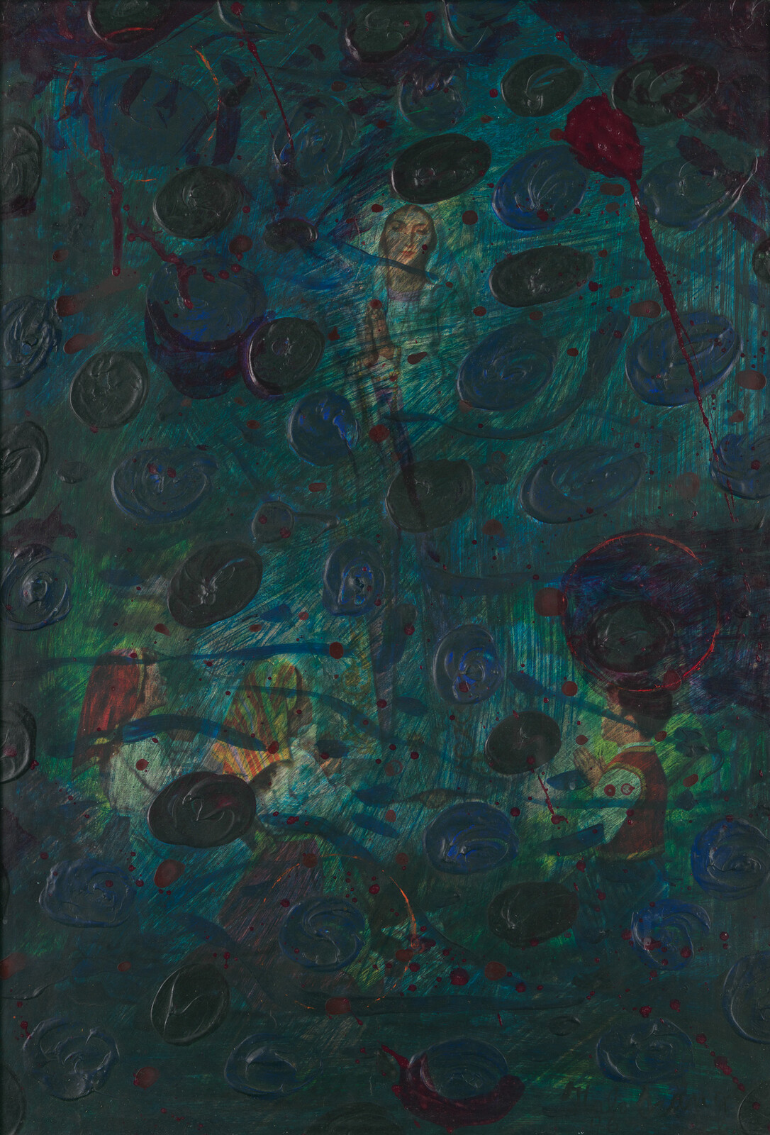 Abstract painting with swirling dark and vibrant colors, featuring obscured human figures and circular patterns.