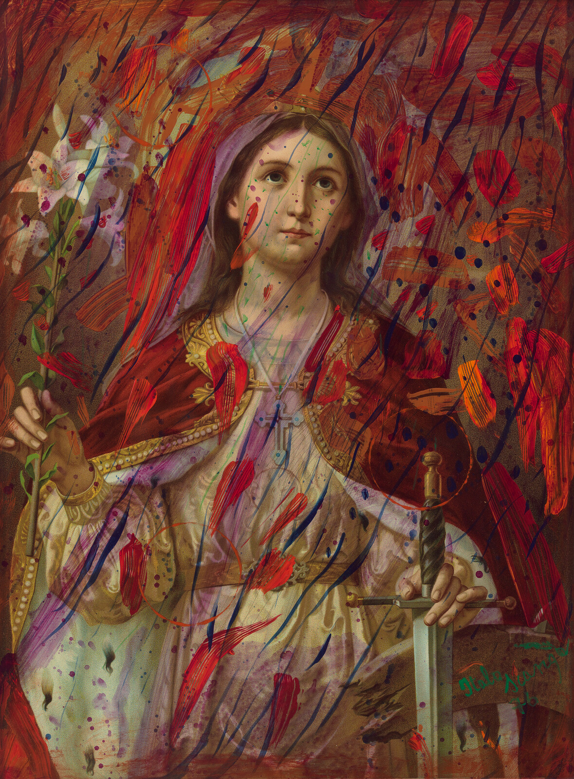 Saint in a red cloak holds a lily and a sword while red paint splatters overlay the portrait.