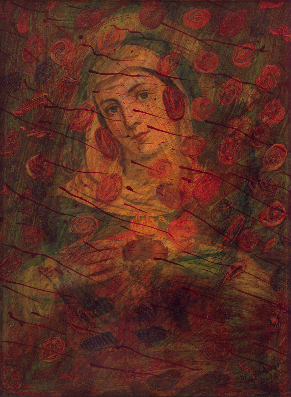A serene woman with a halo is overlaid with red circular marks and dark streaks.