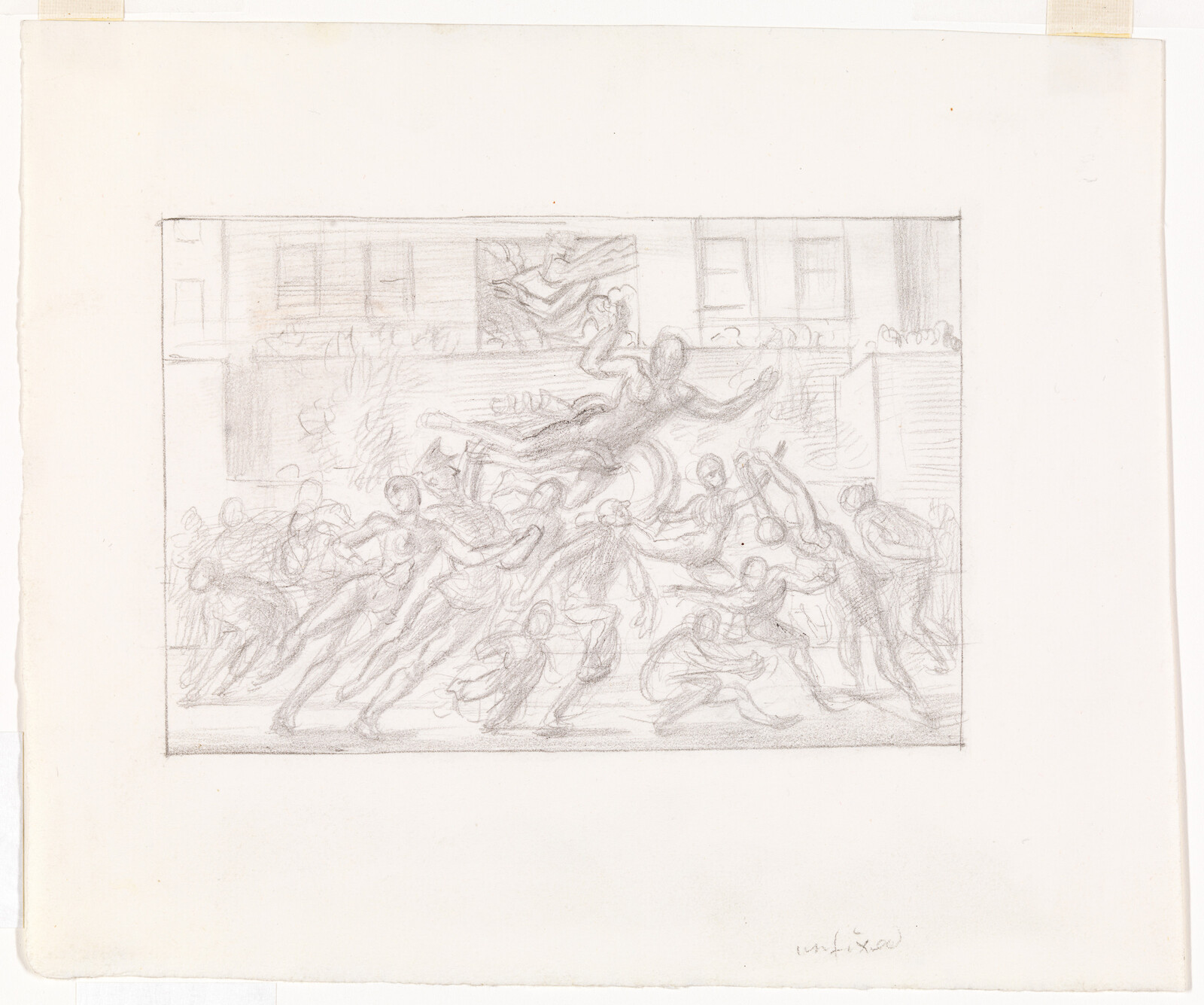 Several figures reach and lift a central floating figure in a dynamic pencil sketch.