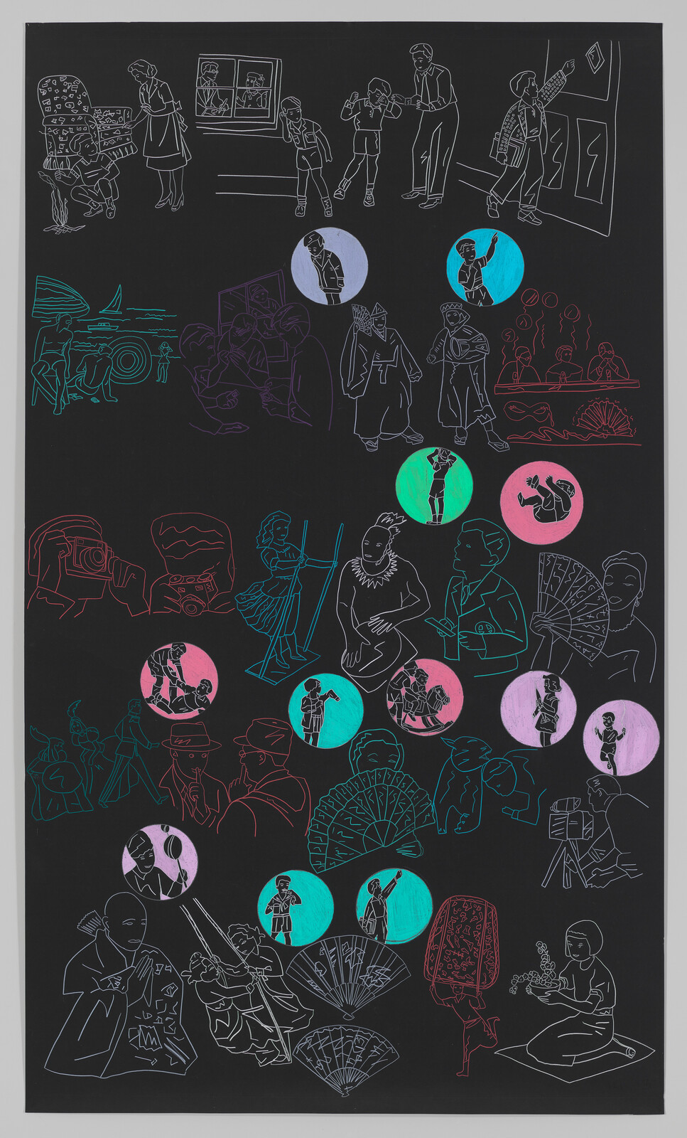 Multiple outlined scenes show people performing everyday and cultural activities against a black background.