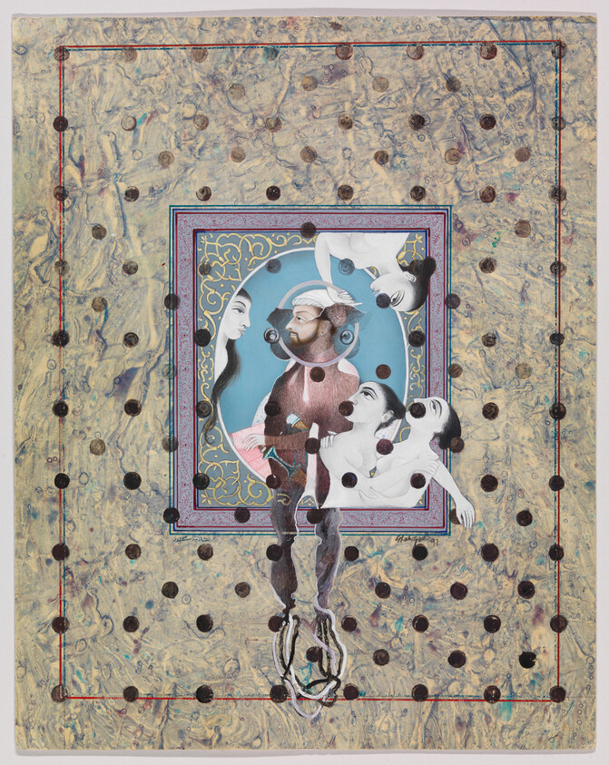 Bearded man in ornate frame surrounded by three women, overlaid with scattered dark dots.