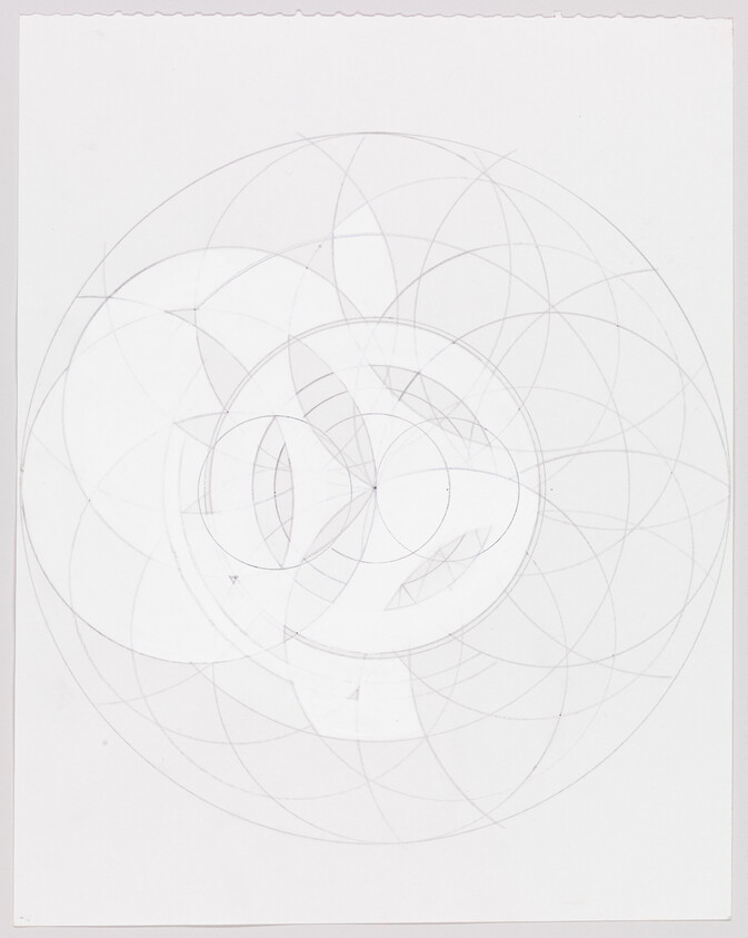 Pencil sketch of overlapping geometric circles forming a complex radial mandala-like pattern on white paper.