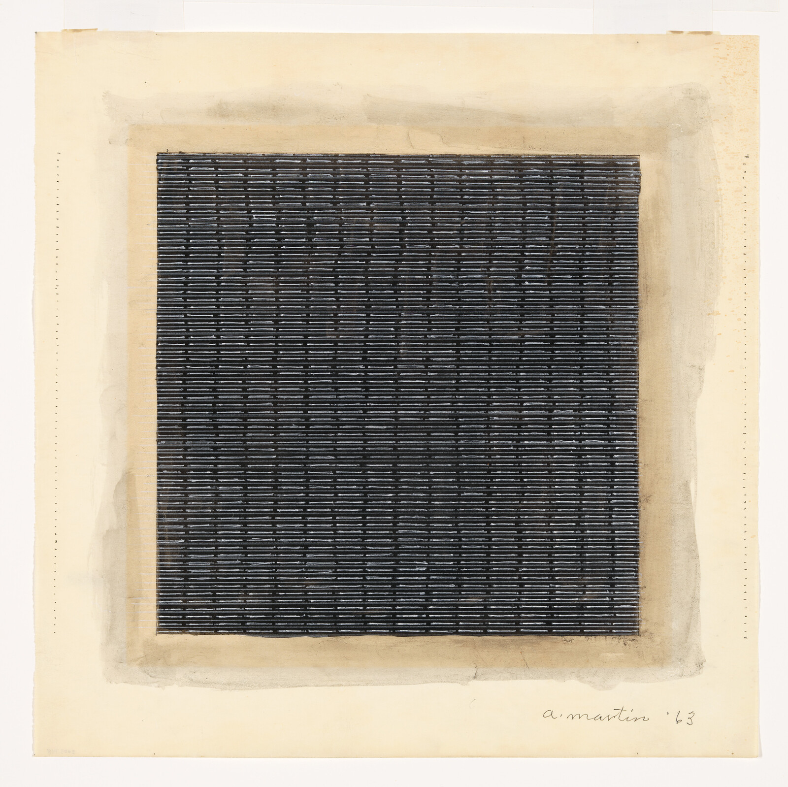 Black square filled with dense horizontal white lines centered on a beige textured background.