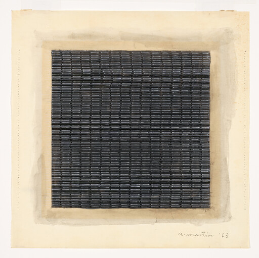 Black square filled with dense horizontal white lines centered on a beige textured background.