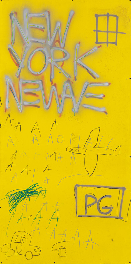 Bright yellow panel with graffiti reading "NEW YORK NEWAVE," a sketched airplane, car, and "PGI" box.