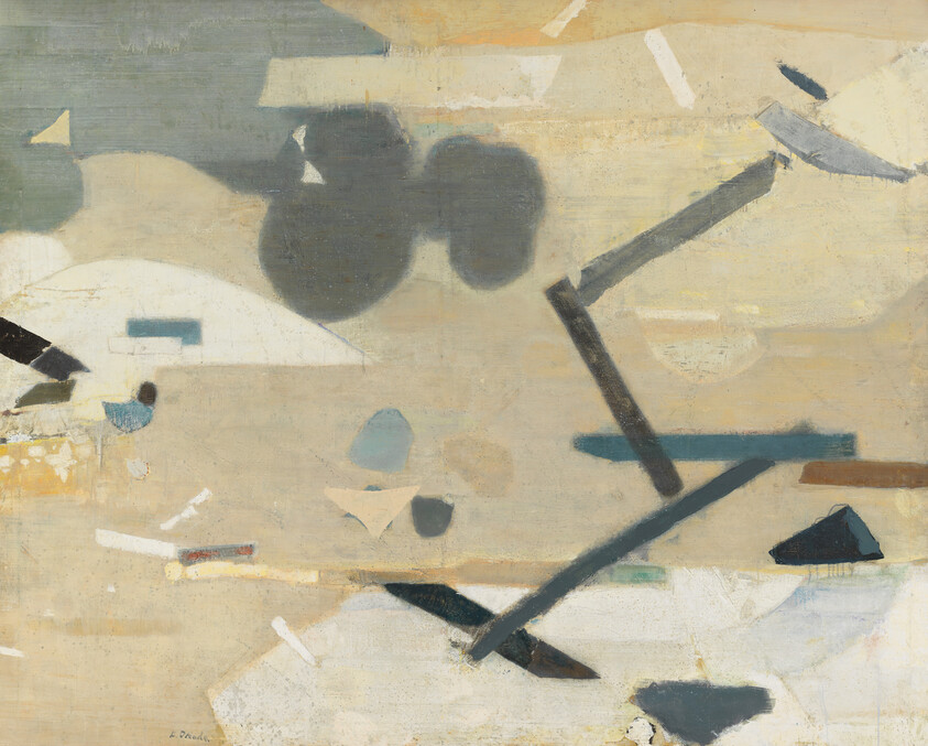 Abstract painting with beige background, dark circular shapes and crisscrossing angled bars suggesting movement.