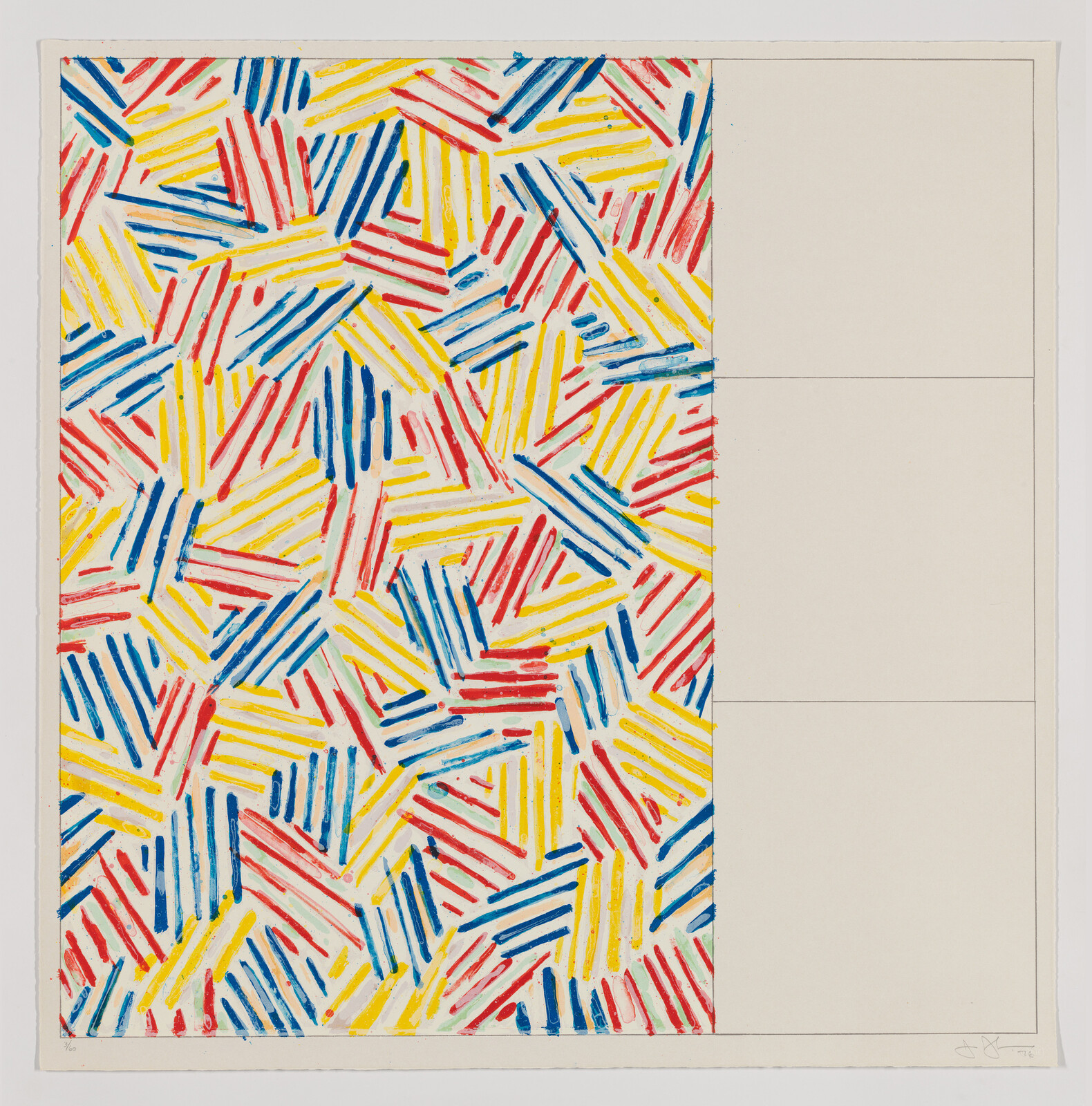 A vibrant panel of red, yellow, and blue diagonal brushstrokes beside three empty beige rectangles.