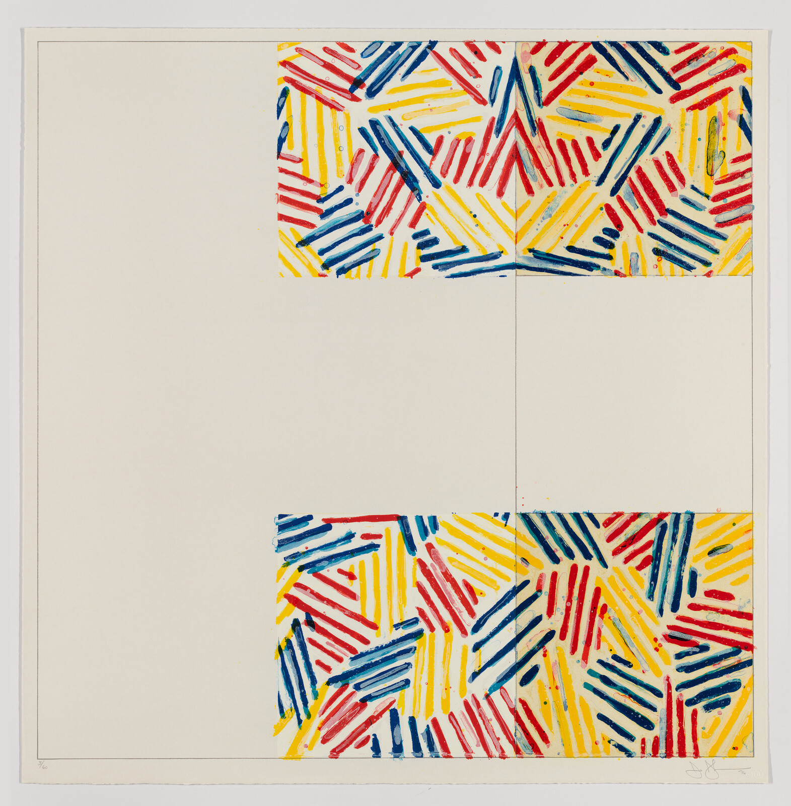 Abstract artwork with colorful red, blue, and yellow brushstroke blocks in the top and bottom right.