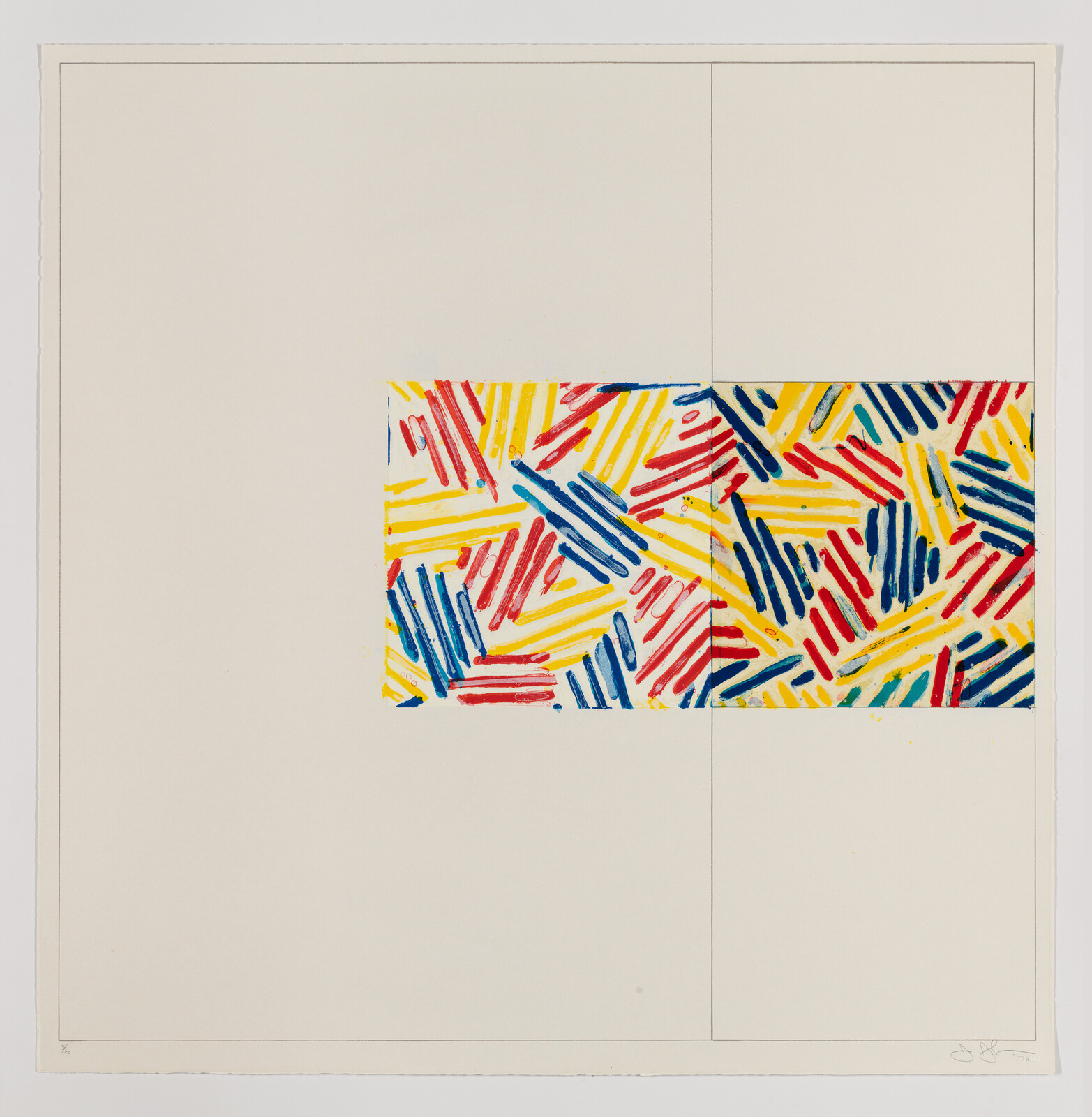 A colorful rectangular block of red, blue, and yellow brushstroke dashes sits centered within a pale grid.