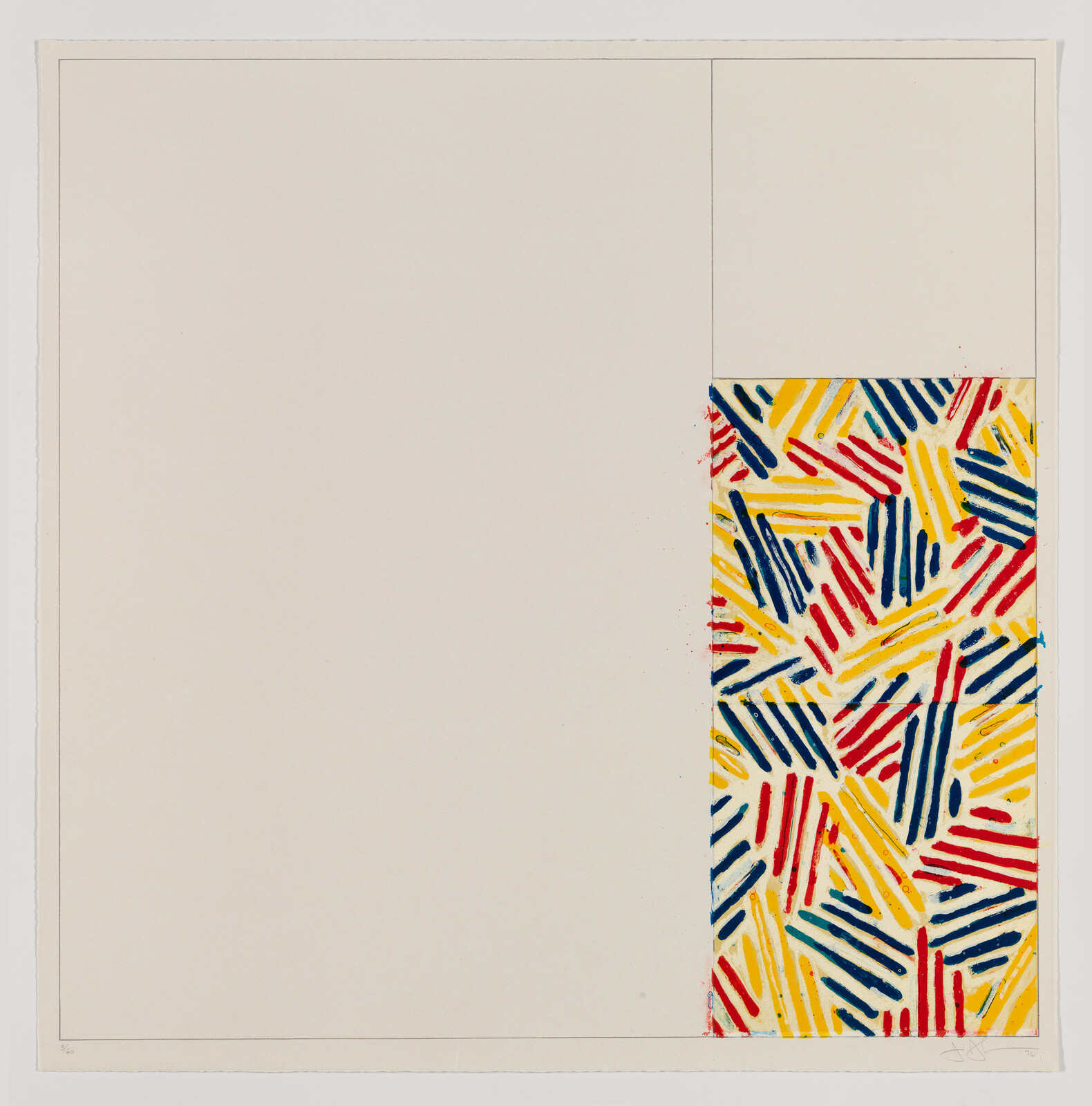 Large pale page with a narrow vertical panel of red, yellow, and blue diagonal stripe pattern on the right.