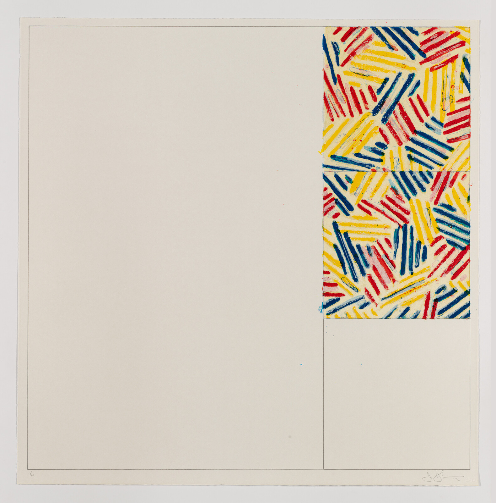 Large off-white sheet with two stacked colorful patterned squares of red, yellow, and blue strokes on right.