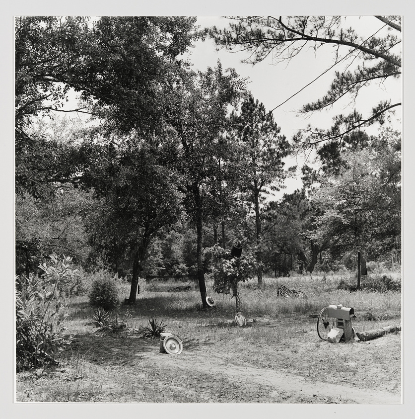 Black and white photo of a serene wooded area with scattered tires and a vintage push mower.