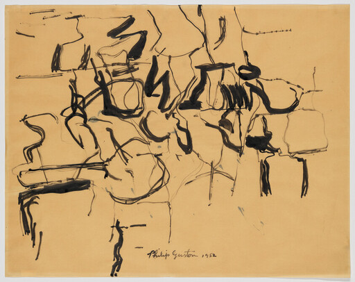 Abstract gestural black ink lines and shapes scattered across tan paper, creating a loose rhythmic composition.