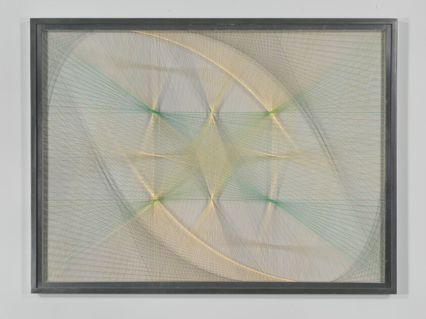 Framed geometric string art with intersecting curved lines in pale green, yellow, and gray tones.