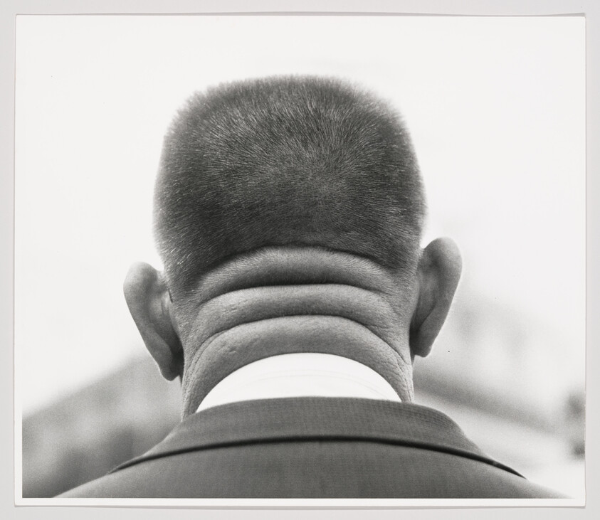 Man's cropped hair and folded neck seen from behind above a suit collar.