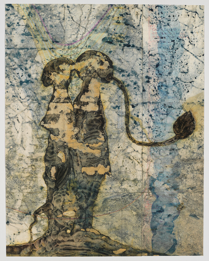 Two tall, fused organic figures with a curved stem and bud against a marbled background.