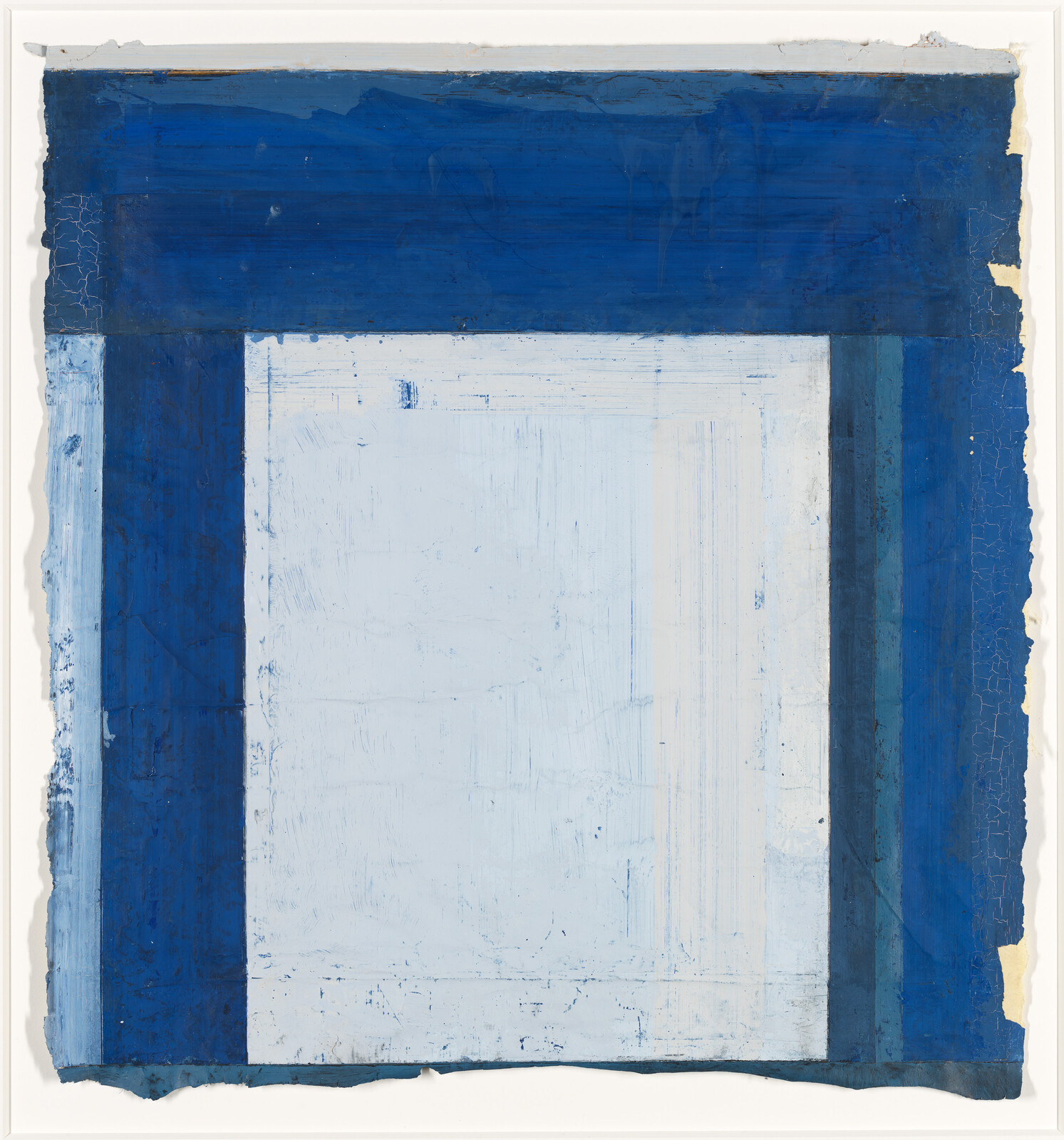 Large pale blue rectangle framed by thick, textured dark blue bands and rough edges.