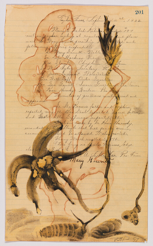 Handwritten lined page with a red human silhouette and dark ink botanical drawing overlaying the text.