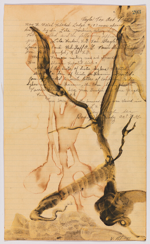 A yellowed lined notebook page with a dark ink drawing of a twisted root or branch over handwriting.